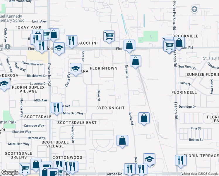 map of restaurants, bars, coffee shops, grocery stores, and more near 8285 Vida Court in Sacramento