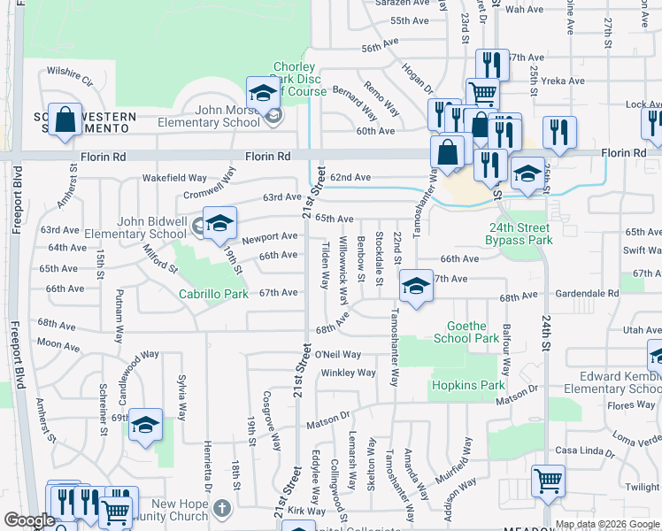 map of restaurants, bars, coffee shops, grocery stores, and more near 7349 Tilden Way in Sacramento