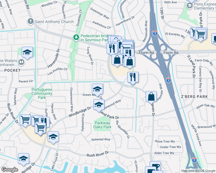 map of restaurants, bars, coffee shops, grocery stores, and more near 31 Rambleoak Circle in Sacramento