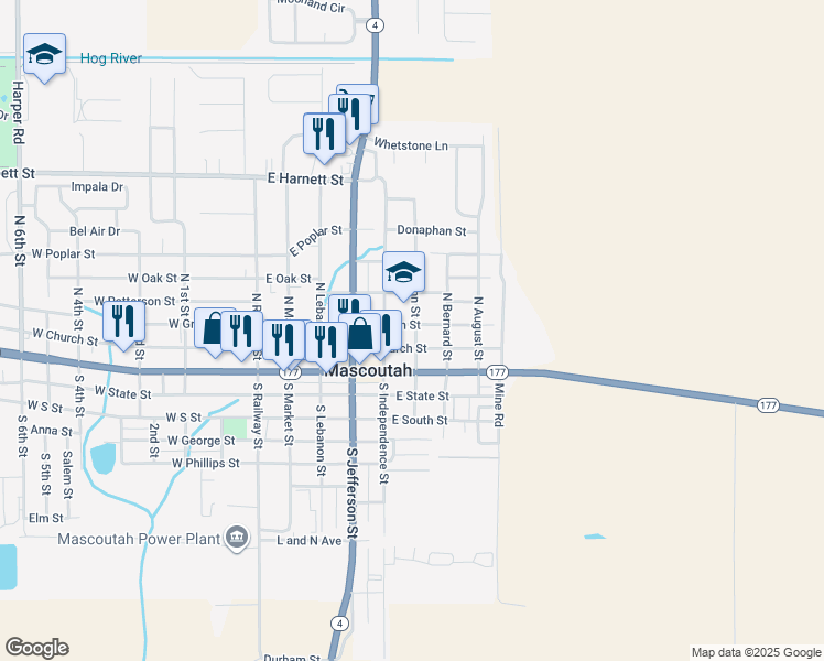 map of restaurants, bars, coffee shops, grocery stores, and more near 105 North John Street in Mascoutah