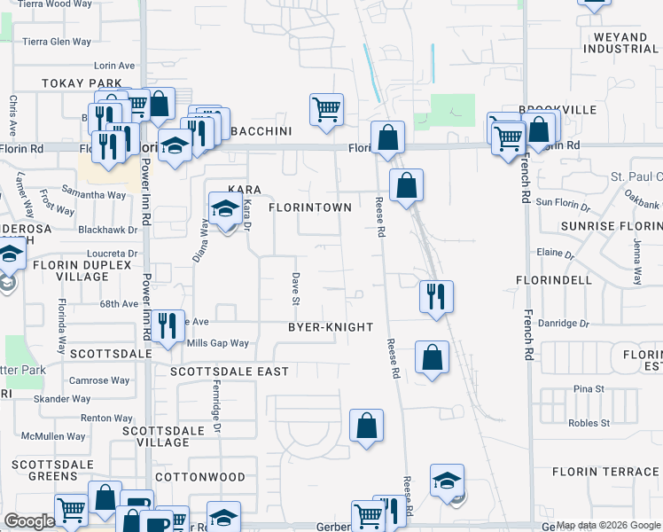 map of restaurants, bars, coffee shops, grocery stores, and more near 8291 Vida Court in Sacramento