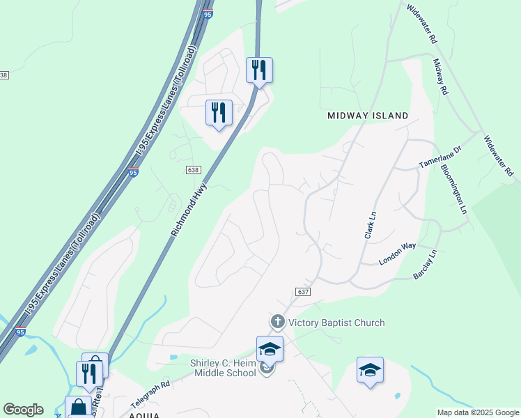 map of restaurants, bars, coffee shops, grocery stores, and more near 34 Everglades Lane in Stafford