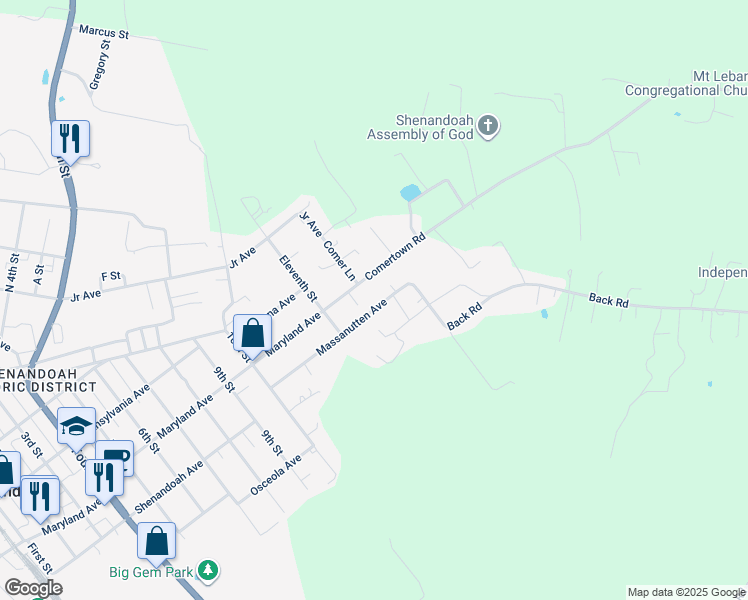 map of restaurants, bars, coffee shops, grocery stores, and more near 471 Massanutten Avenue in Shenandoah