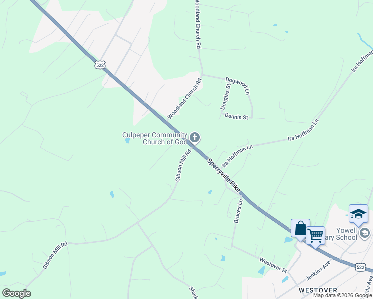 map of restaurants, bars, coffee shops, grocery stores, and more near 15264 Gibson Mill Road in Culpeper