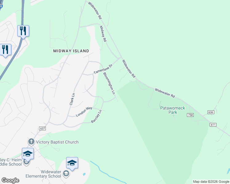 map of restaurants, bars, coffee shops, grocery stores, and more near 47 Bloomington Lane in Stafford