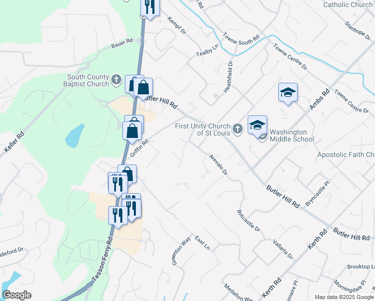 map of restaurants, bars, coffee shops, grocery stores, and more near 5272 Faro Drive in Saint Louis