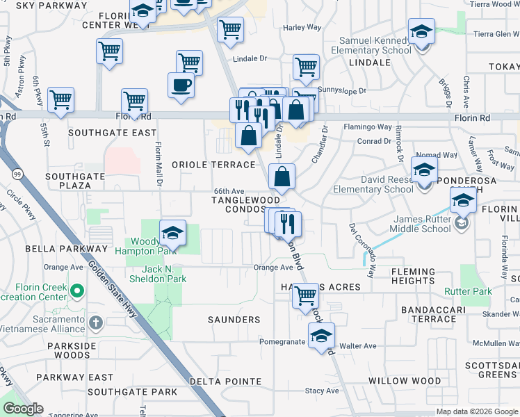 map of restaurants, bars, coffee shops, grocery stores, and more near 7326 Stockton Boulevard in Sacramento