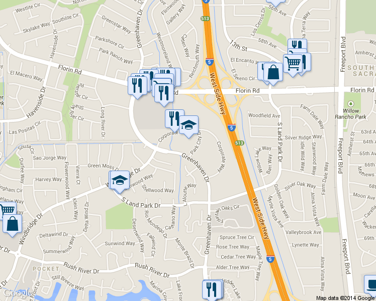 map of restaurants, bars, coffee shops, grocery stores, and more near 7395 Greenhaven Drive in Sacramento