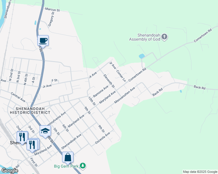 map of restaurants, bars, coffee shops, grocery stores, and more near 1034 Ramona Avenue in Shenandoah