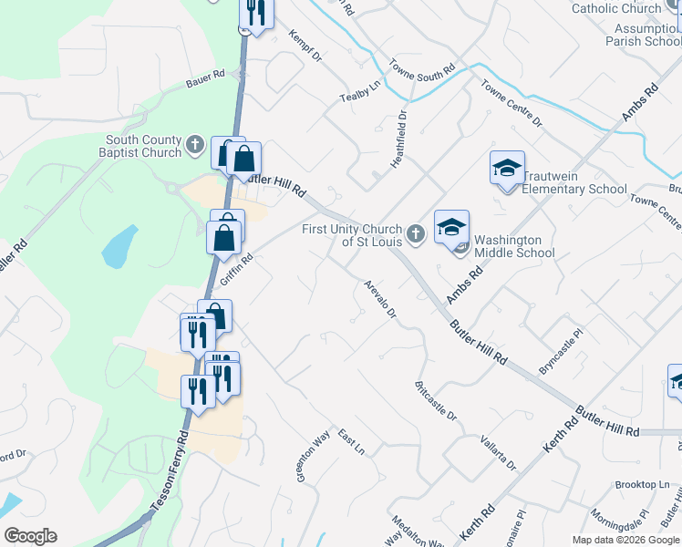 map of restaurants, bars, coffee shops, grocery stores, and more near 4874 Arevalo Drive in St. Louis