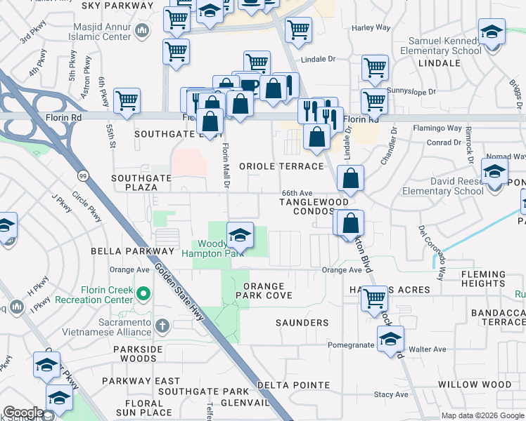 map of restaurants, bars, coffee shops, grocery stores, and more near 6131 Center Mall Way in Sacramento