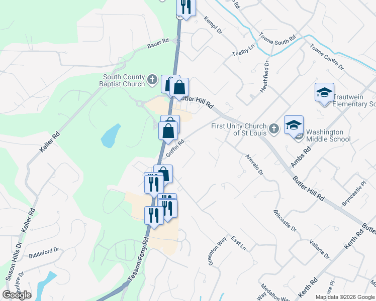 map of restaurants, bars, coffee shops, grocery stores, and more near 13135 Butler Oak Drive in St. Louis