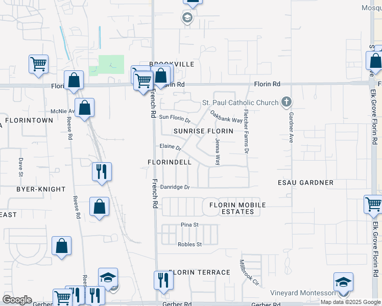 map of restaurants, bars, coffee shops, grocery stores, and more near 8549 Elaine Drive in Sacramento