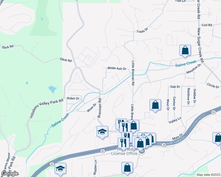 map of restaurants, bars, coffee shops, grocery stores, and more near 4678 Brennan Woods Dr in High Ridge