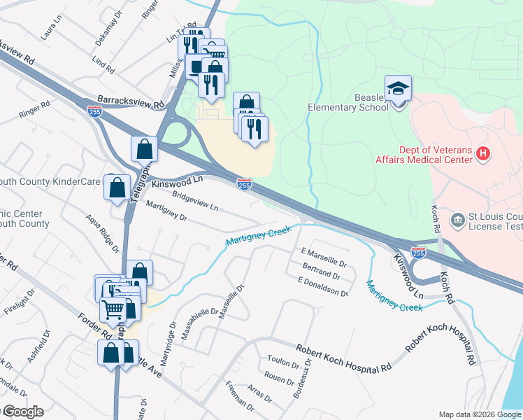map of restaurants, bars, coffee shops, grocery stores, and more near 368 Kinswood Lane in Saint Louis