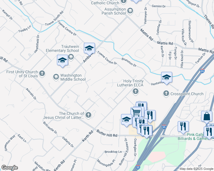 map of restaurants, bars, coffee shops, grocery stores, and more near 4592 Braungate Drive in St. Louis
