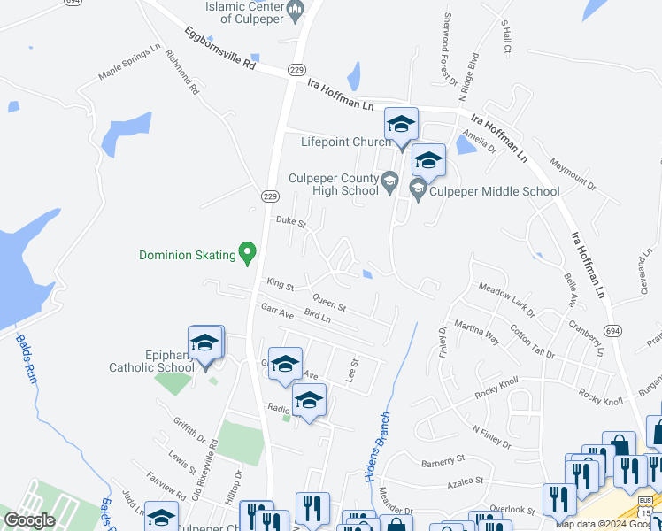map of restaurants, bars, coffee shops, grocery stores, and more near 210 Duke Street in Culpeper