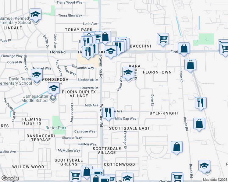 map of restaurants, bars, coffee shops, grocery stores, and more near 8145 Addie Avenue in Sacramento