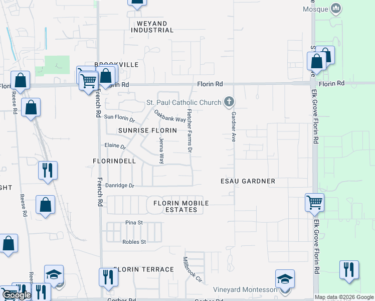 map of restaurants, bars, coffee shops, grocery stores, and more near 8659 Breanna Court in Sacramento