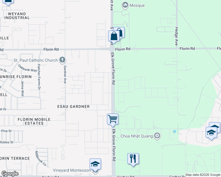map of restaurants, bars, coffee shops, grocery stores, and more near 7270-7416 Elk Grove Florin Road in Sacramento