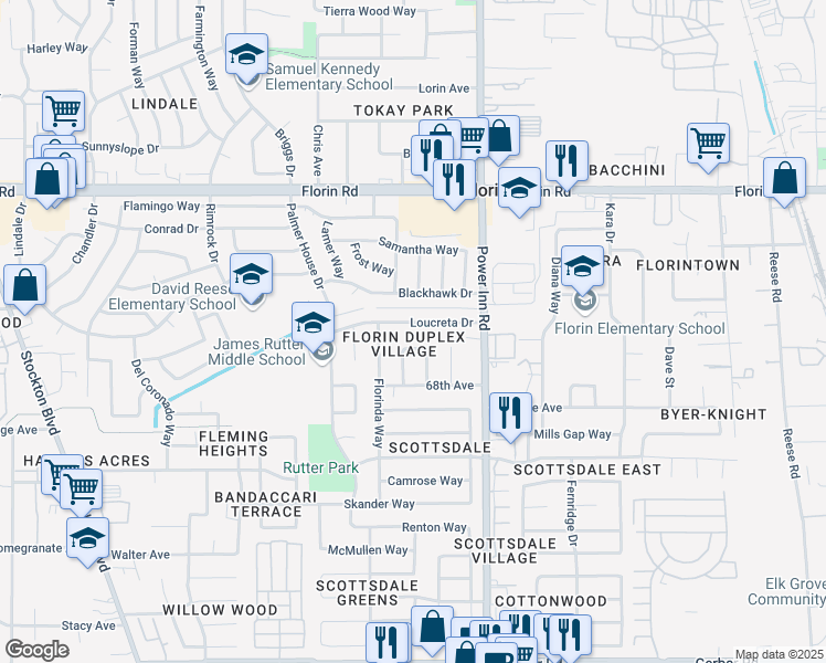 map of restaurants, bars, coffee shops, grocery stores, and more near 7820 Loucreta Drive in Sacramento