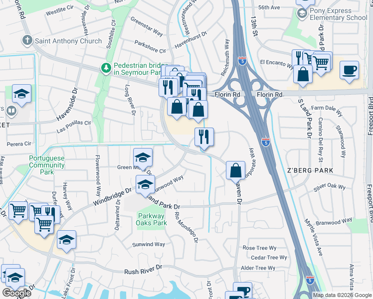 map of restaurants, bars, coffee shops, grocery stores, and more near 7320 Windbridge Drive in Sacramento