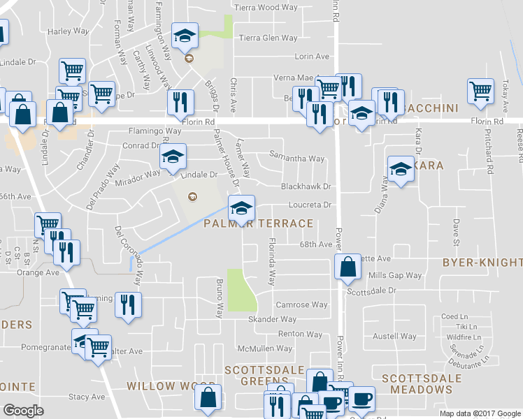 map of restaurants, bars, coffee shops, grocery stores, and more near 7702 Loucreta Drive in Sacramento