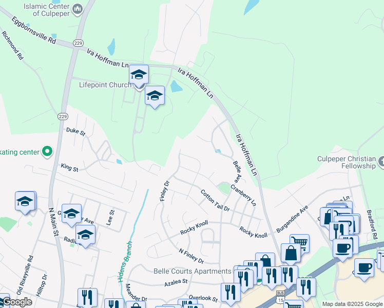 map of restaurants, bars, coffee shops, grocery stores, and more near 2041 Gold Finch Drive in Culpeper