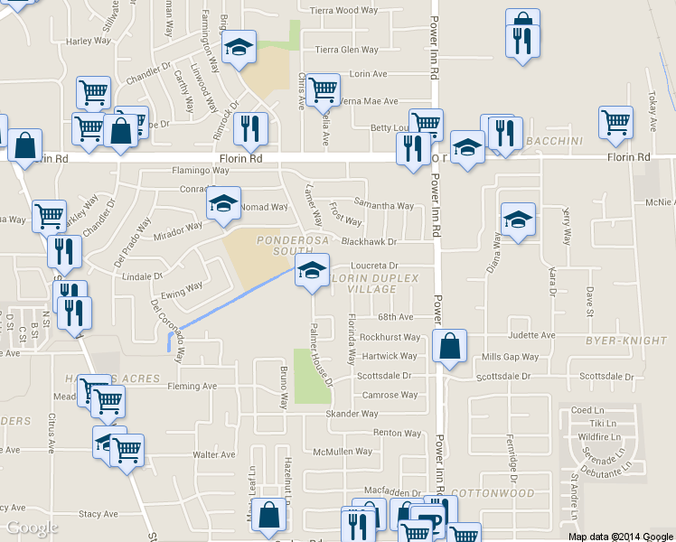 map of restaurants, bars, coffee shops, grocery stores, and more near 7702 Loucreta Drive in Sacramento
