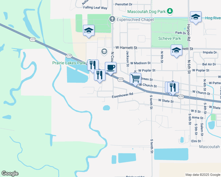 map of restaurants, bars, coffee shops, grocery stores, and more near 105 South County Road in Mascoutah