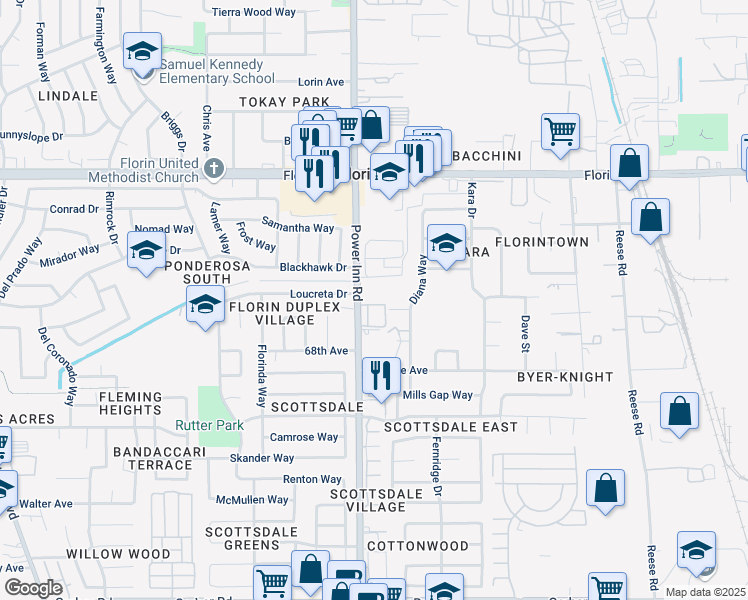 map of restaurants, bars, coffee shops, grocery stores, and more near 7337 Power Inn Road in Sacramento