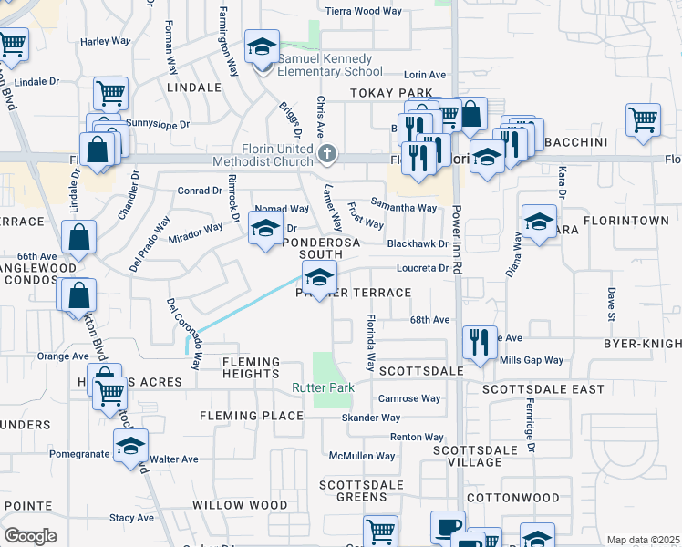map of restaurants, bars, coffee shops, grocery stores, and more near 7600 Loucreta Drive in Sacramento