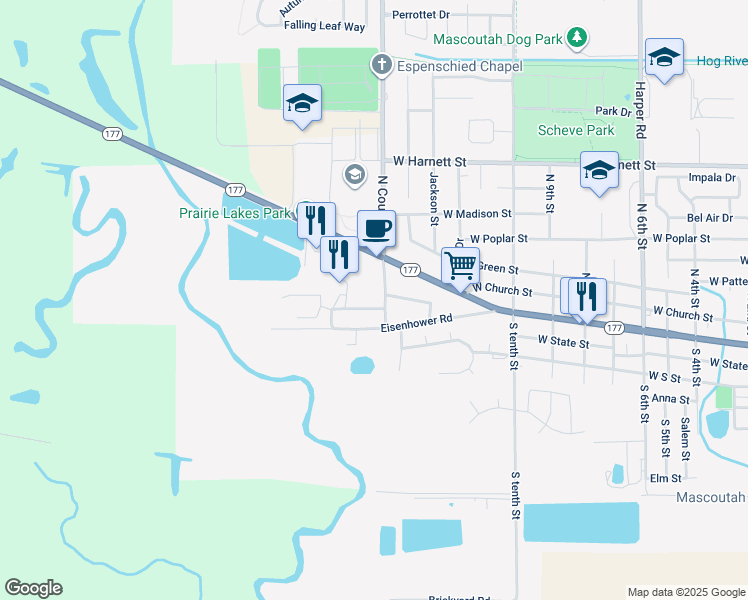 map of restaurants, bars, coffee shops, grocery stores, and more near 105 South County Road in Mascoutah
