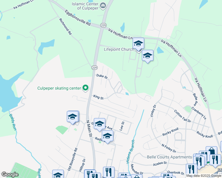 map of restaurants, bars, coffee shops, grocery stores, and more near 187 Duke Street in Culpeper