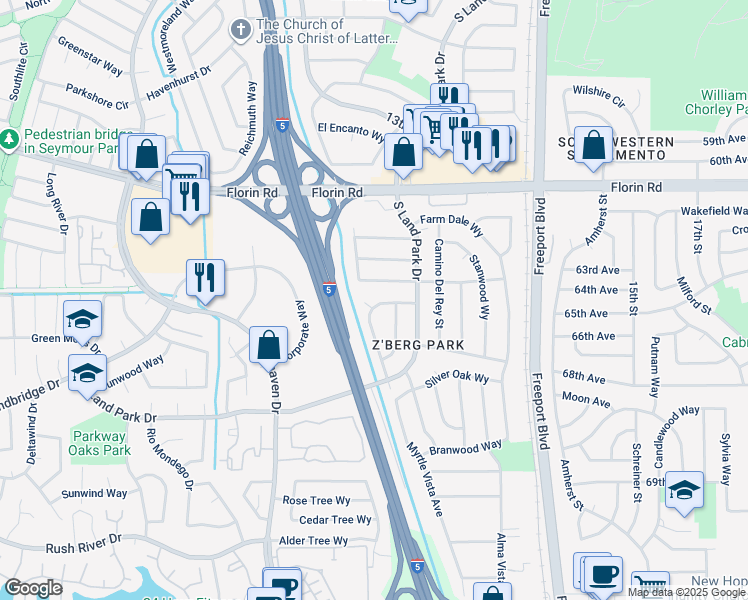 map of restaurants, bars, coffee shops, grocery stores, and more near 7328 Willow Lake Way in Sacramento