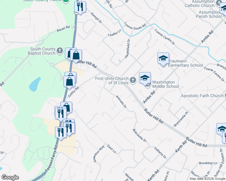 map of restaurants, bars, coffee shops, grocery stores, and more near 4851 Arevalo Drive in St. Louis