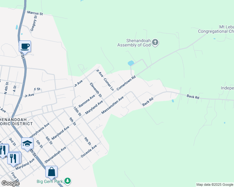 map of restaurants, bars, coffee shops, grocery stores, and more near 108 Comertown Road in Shenandoah