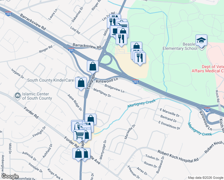 map of restaurants, bars, coffee shops, grocery stores, and more near 239 Martigney Drive in St. Louis