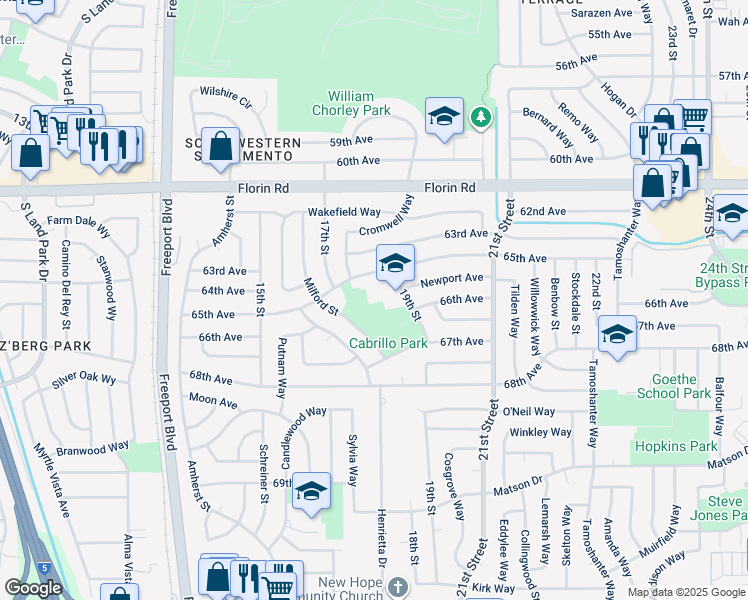 map of restaurants, bars, coffee shops, grocery stores, and more near 7399-7301 Milford Street in Sacramento
