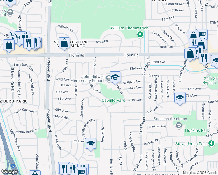 map of restaurants, bars, coffee shops, grocery stores, and more near 1730 65th Avenue in Sacramento