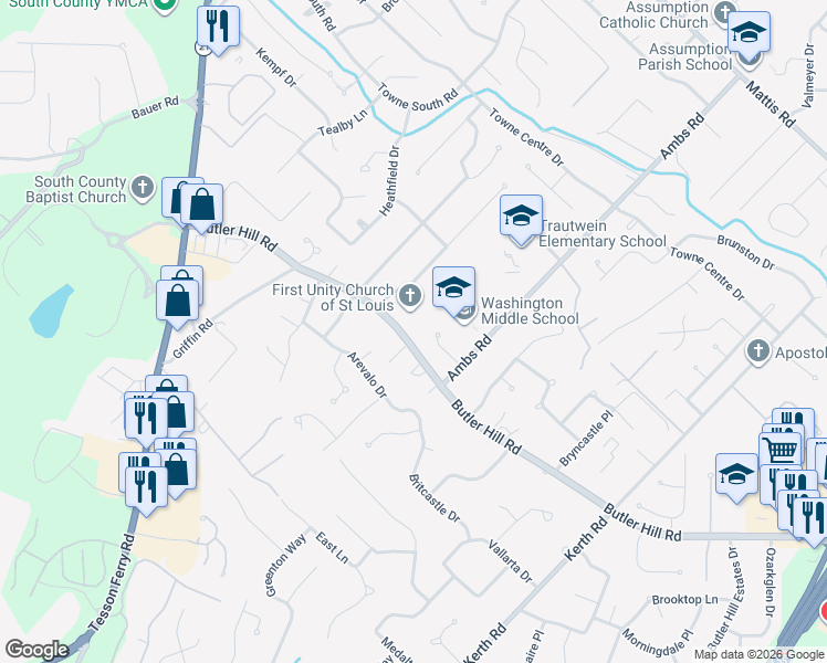 map of restaurants, bars, coffee shops, grocery stores, and more near 4722 Butler Crossing Court in St. Louis