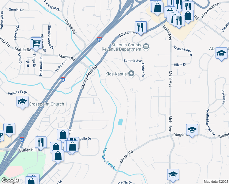 map of restaurants, bars, coffee shops, grocery stores, and more near 29 Kassebaum Lane in St. Louis