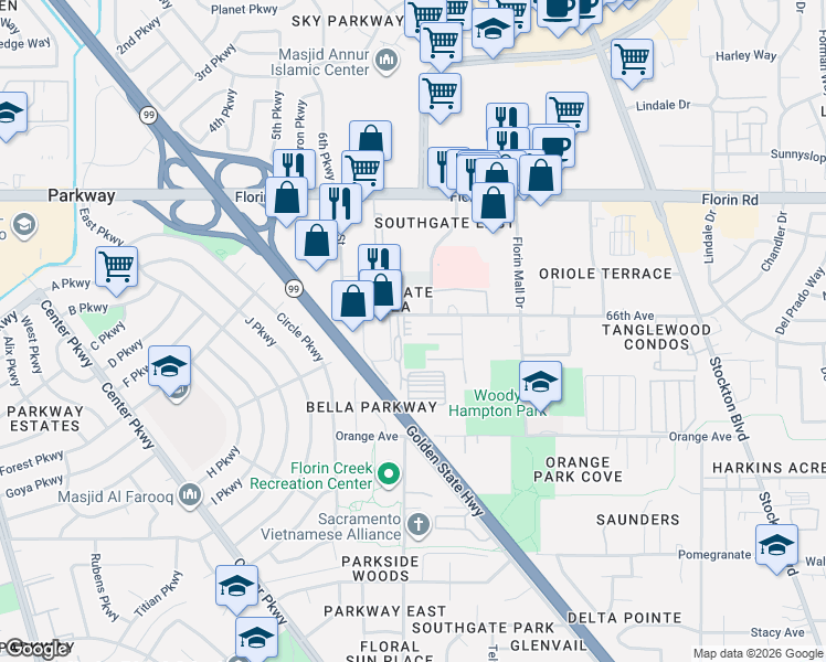 map of restaurants, bars, coffee shops, grocery stores, and more near 5710 66th Avenue in Sacramento