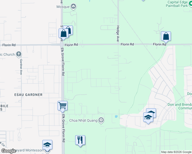 map of restaurants, bars, coffee shops, grocery stores, and more near 7334 Hedge Avenue in Sacramento