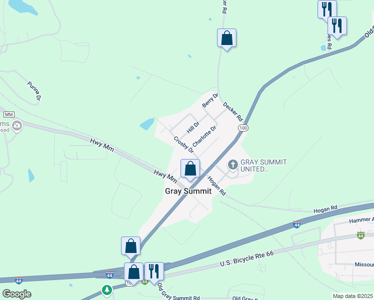 map of restaurants, bars, coffee shops, grocery stores, and more near 302 Crosby Drive in Gray Summit