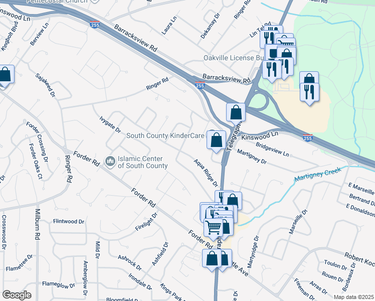 map of restaurants, bars, coffee shops, grocery stores, and more near 545 Aqua Ridge Drive in Saint Louis