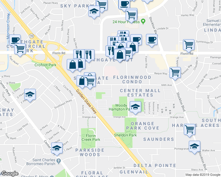 map of restaurants, bars, coffee shops, grocery stores, and more near 7322 Florin Wood Drive in Sacramento