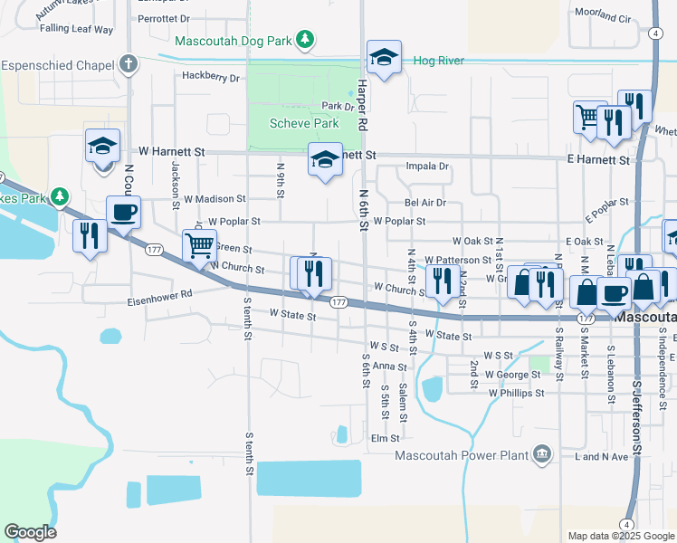 map of restaurants, bars, coffee shops, grocery stores, and more near 51 North 7th Street in Mascoutah