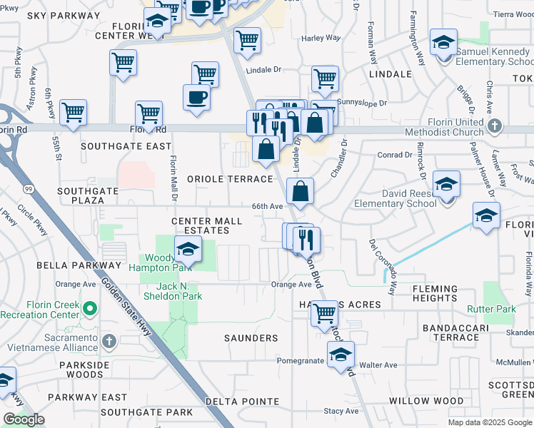 map of restaurants, bars, coffee shops, grocery stores, and more near 6400 66th Avenue in Sacramento