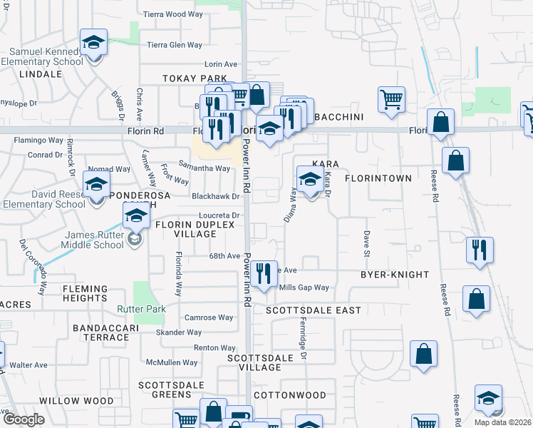 map of restaurants, bars, coffee shops, grocery stores, and more near 8145 Addie Avenue in Sacramento